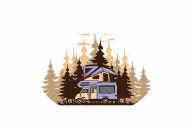 Orman illüstrasyon tasarımında araba çatısı kampı.