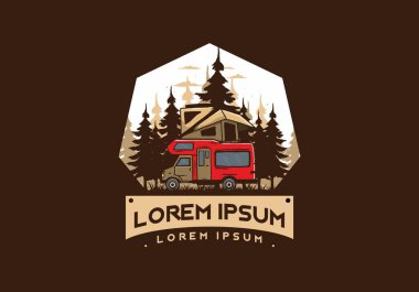 Orman illüstrasyon tasarımında araba çatısı kampı.