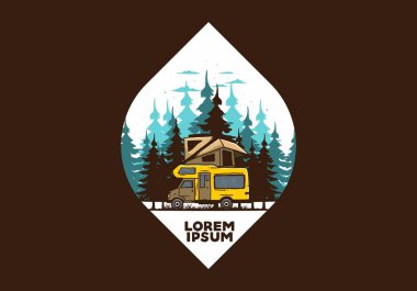 Orman illüstrasyon tasarımında araba çatısı kampı.