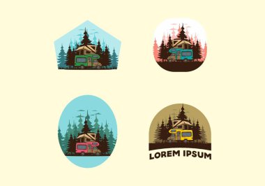 Orman illüstrasyon tasarımında araba çatısı kampı.