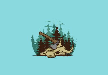 Bufalo kafatası çizimine saplanmış bir balta.