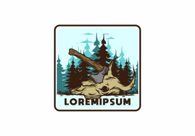 Bufalo kafatası çizimine saplanmış bir balta.