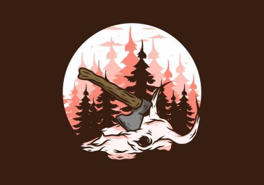 Bufalo kafatası çizimine saplanmış bir balta.