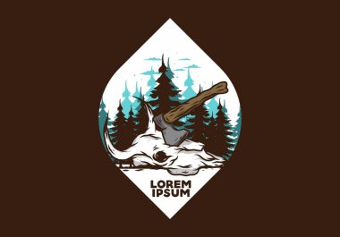 Bufalo kafatası çizimine saplanmış bir balta.