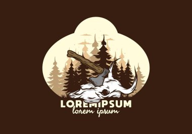 Bufalo kafatası çizimine saplanmış bir balta.