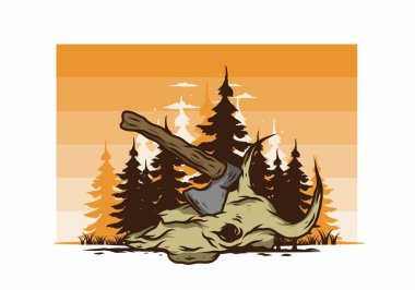 Bufalo kafatası çizimine saplanmış bir balta.