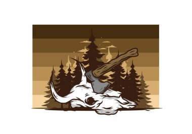 Bufalo kafatası çizimine saplanmış bir balta.