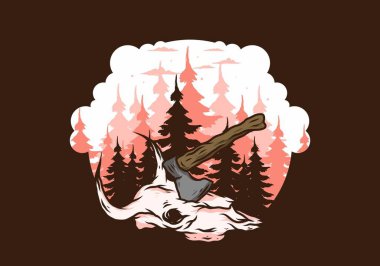 Bufalo kafatası çizimine saplanmış bir balta.