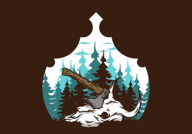 Bufalo kafatası çizimine saplanmış bir balta.