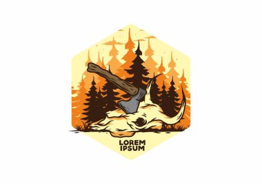 an ax stuck in a buffalo skull illustration design