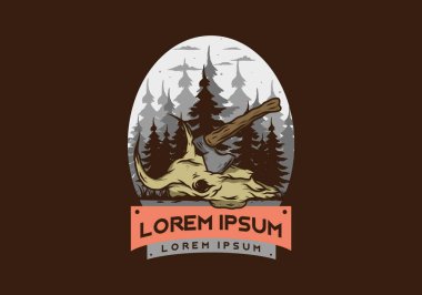 Bufalo kafatası çizimine saplanmış bir balta.