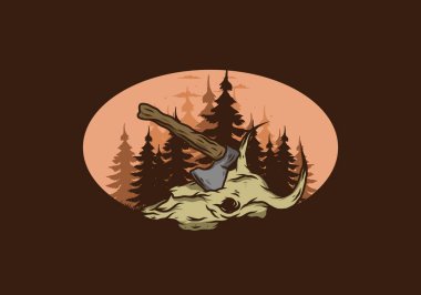 Bufalo kafatası çizimine saplanmış bir balta.