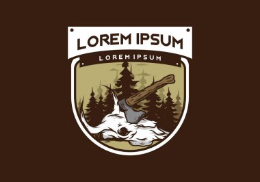 Bufalo kafatası çizimine saplanmış bir balta.