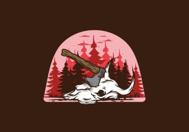 Bufalo kafatası çizimine saplanmış bir balta.