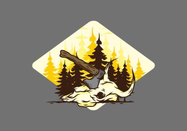 Bufalo kafatası çizimine saplanmış bir balta.