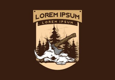 Bufalo kafatası çizimine saplanmış bir balta.