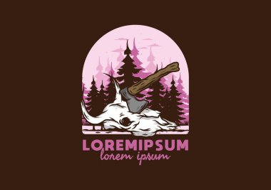 Bufalo kafatası çizimine saplanmış bir balta.