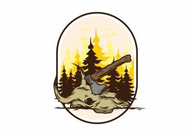 Bufalo kafatası çizimine saplanmış bir balta.