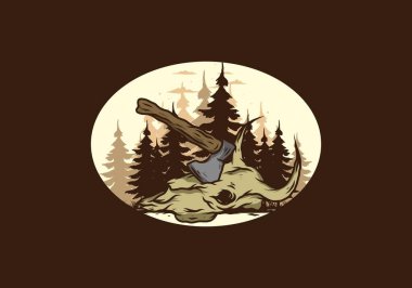 Bufalo kafatası çizimine saplanmış bir balta.