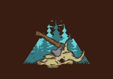 Bufalo kafatası çizimine saplanmış bir balta.