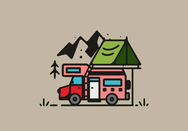Campeggio Con Camper Linea Arte Illustrazione Design — Vettoriale Stock