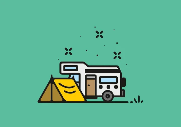 Acampar Com Campista Van Linha Arte Ilustração Design — Vetor de Stock