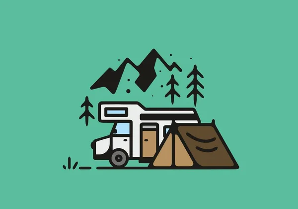 Camping Mit Wohnmobil Linie Kunst Illustration Design — Stockvektor