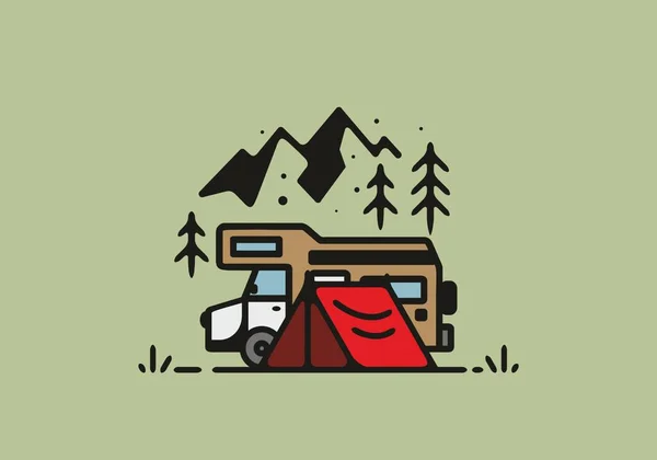 Camping Avec Camping Car Van Line Art Illustration Design — Image vectorielle