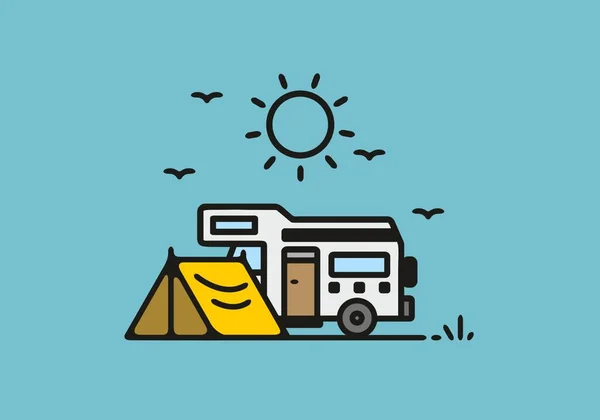 Camping Camper Van Γραμμή Τέχνη Εικονογράφηση Σχεδιασμό — Διανυσματικό Αρχείο