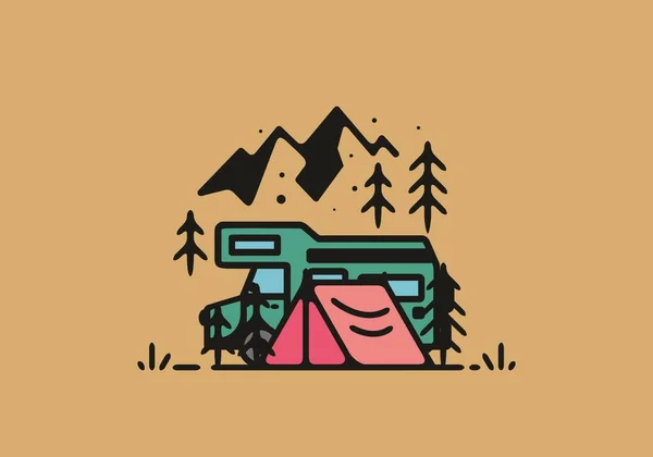 Camping Con Camper Van Line Art Diseño Ilustración — Vector de stock