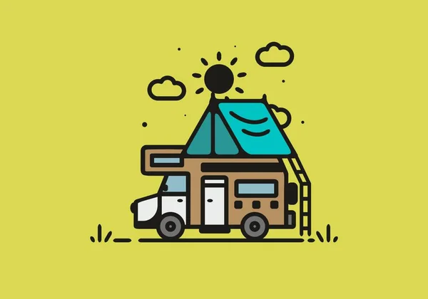 Kamp Minibüsü Çizgisi Çizim Tasarımı Ile Kamp Yapmak — Stok Vektör