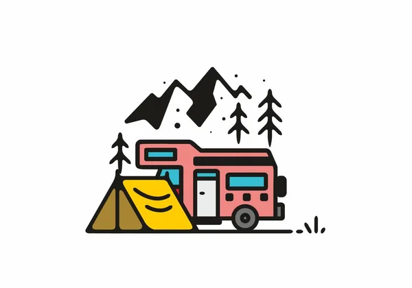 Camping Con Camper Van Line Art Diseño Ilustración — Vector de stock