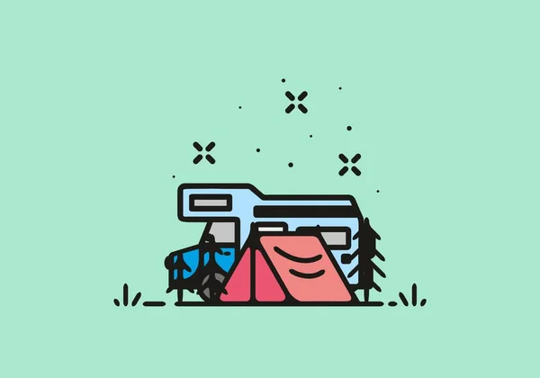 Acampar Com Campista Van Linha Arte Ilustração Design —  Vetores de Stock