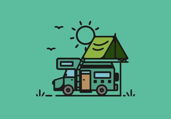 Camping Med Husbil Linje Konst Illustration Design — Stock vektor