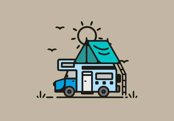 Camping Con Camper Van Line Art Diseño Ilustración — Vector de stock