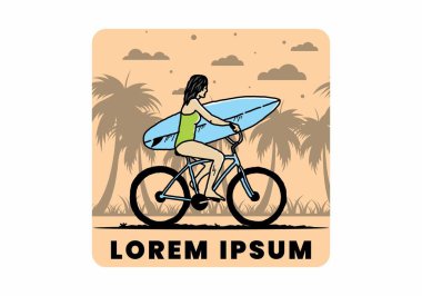 Bisikletle sörf yapan bir kadının çizimi.