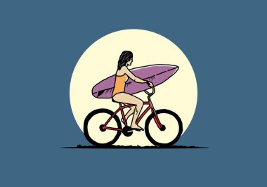 illustration design of a woman going surfing on a bicycle