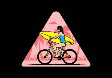 Bisikletle sörf yapan bir kadının çizimi.
