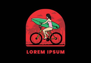 Bisikletle sörf yapan bir kadının çizimi.