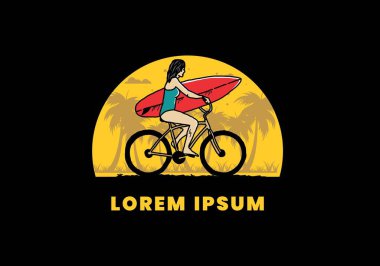 Bisikletle sörf yapan bir kadının çizimi.