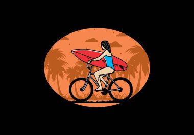 Bisikletle sörf yapan bir kadının çizimi.