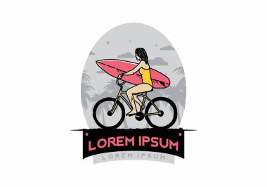 Bisikletle sörf yapan bir kadının çizimi.