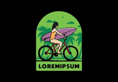 Bisikletle sörf yapan bir kadının çizimi.