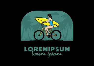 Bisikletle sörf yapan bir kadının çizimi.