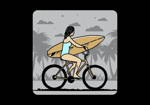 Illustration Design Woman Going Surfing Bicycle — Stockvector