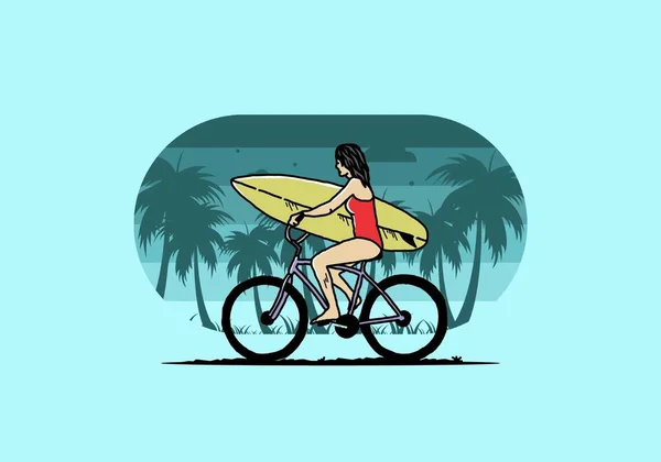 Illustration Design Woman Going Surfing Bicycle — Stockový vektor