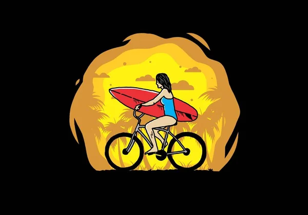 Illustration Design Woman Going Surfing Bicycle — Stockvector