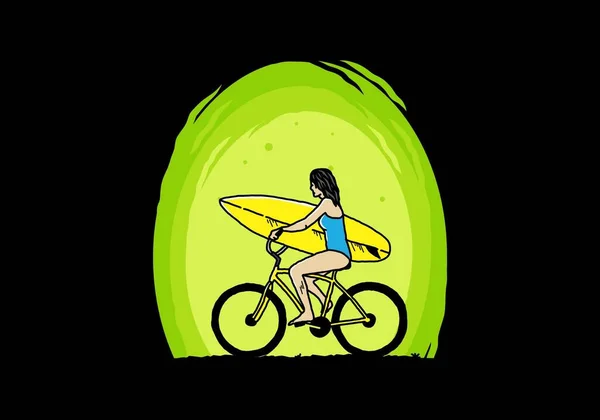 Illustration Design Woman Going Surfing Bicycle — Vector de stock