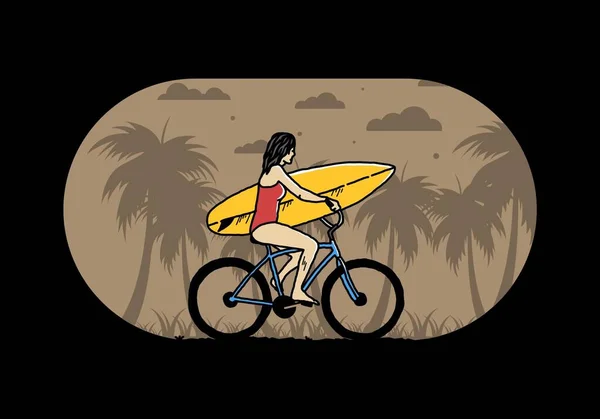 Illustration Design Woman Going Surfing Bicycle — Stockvektor