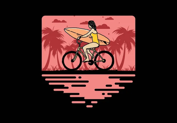 Illustration Design Woman Going Surfing Bicycle — Image vectorielle